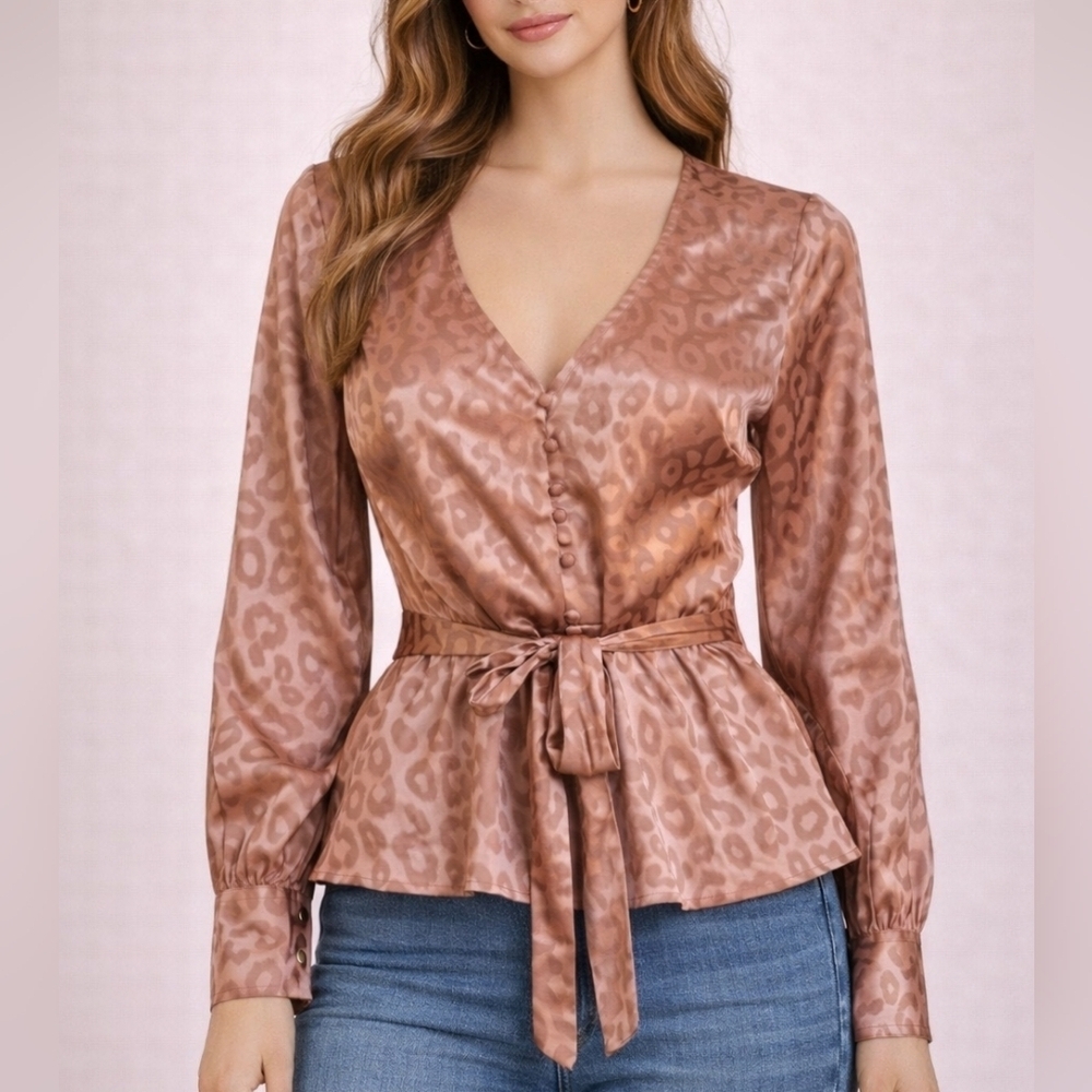 VTG LECHE Blush Satin Leopard Print Peplum Tie-Waist Long Sleeve Blouse